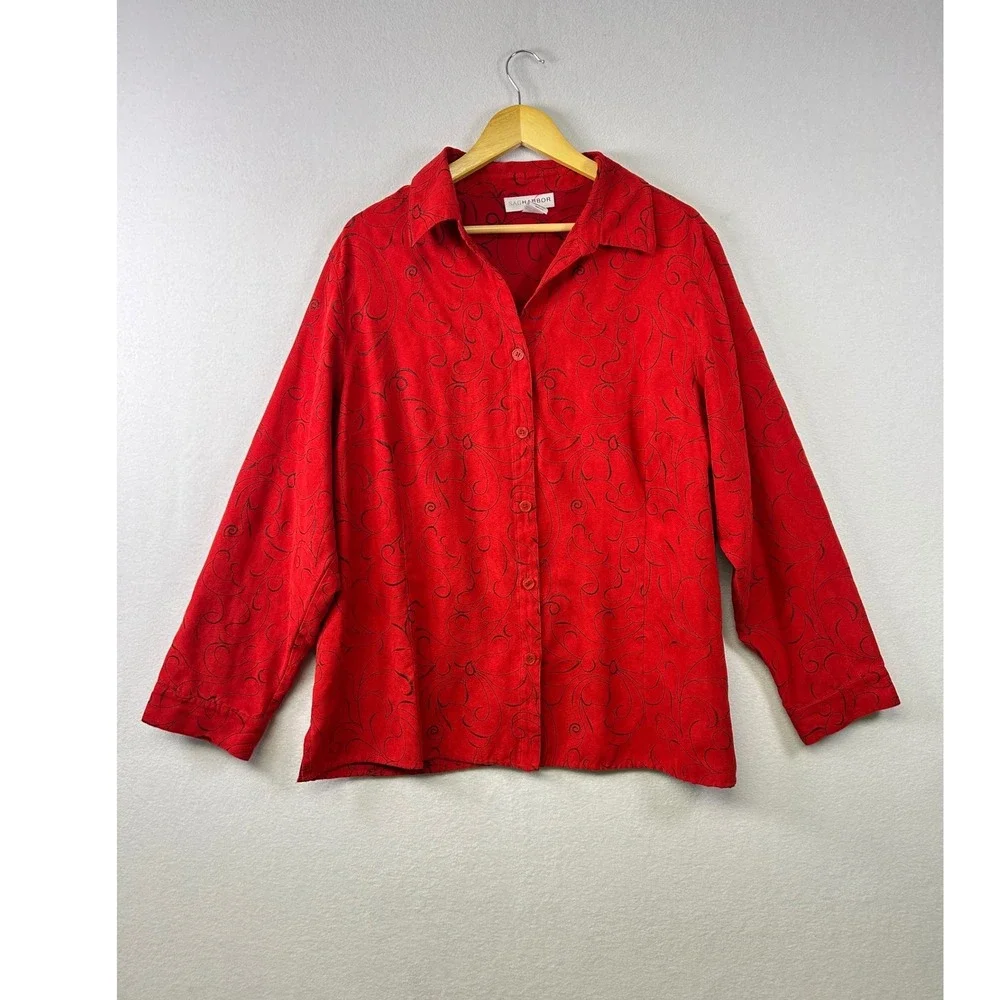 Sag Harbor Red Scroll Print 2X Collared Long Sleeve Botton Down Shirt